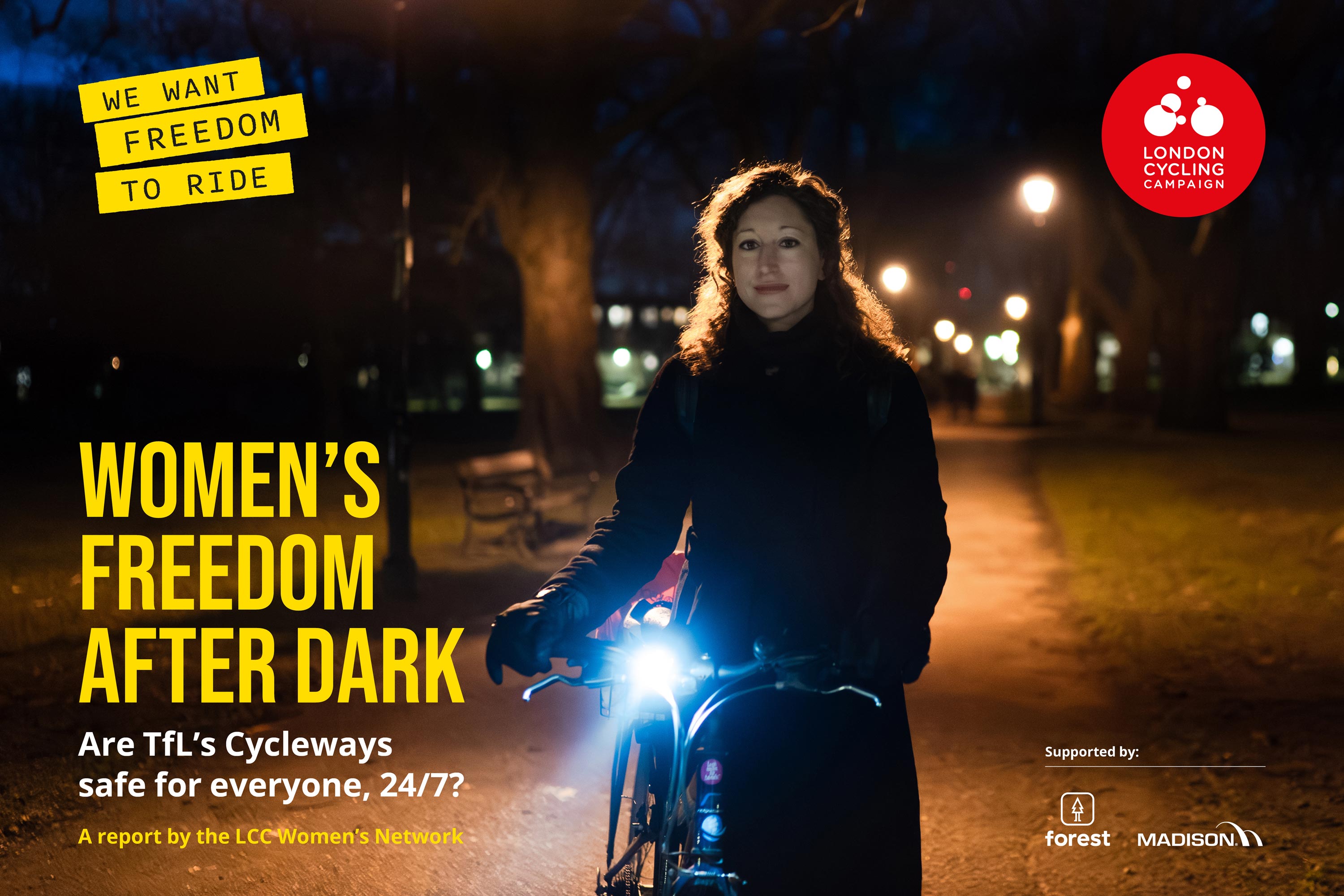 The cover of the Women's Freedom After Dark report, with a photo of a female cyclist standing next to her bike on a well-lit path in a park.