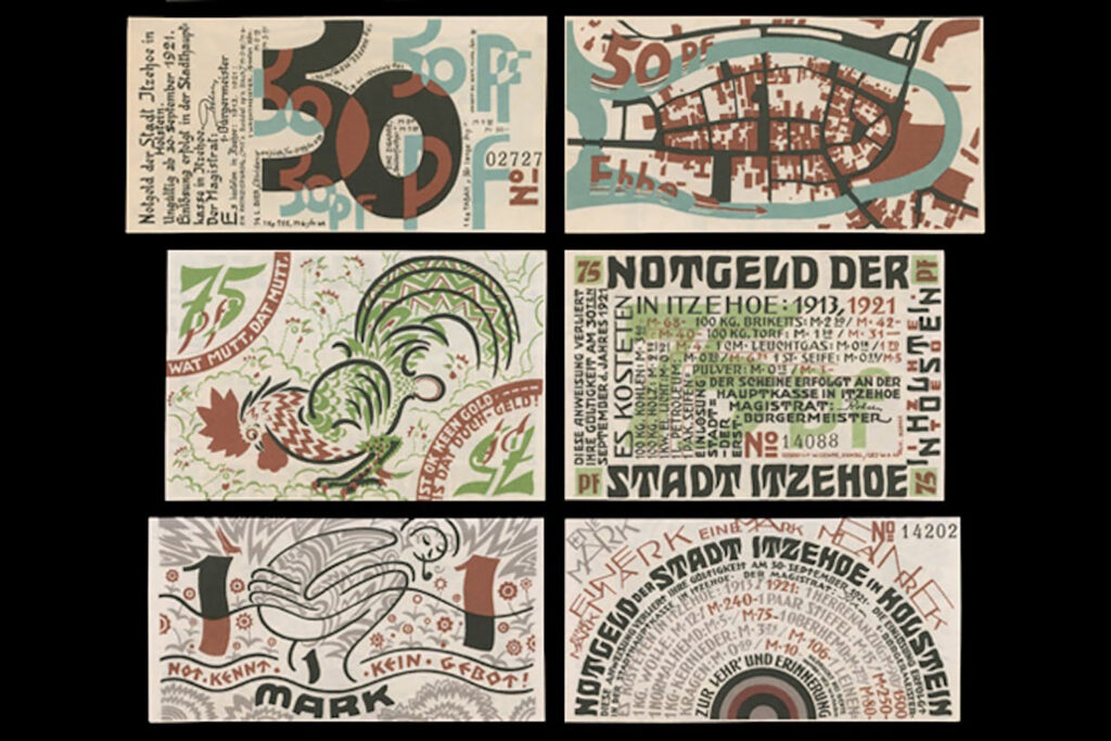 A collection of six Notgeld emergency banknotes, showing the front and back of each.