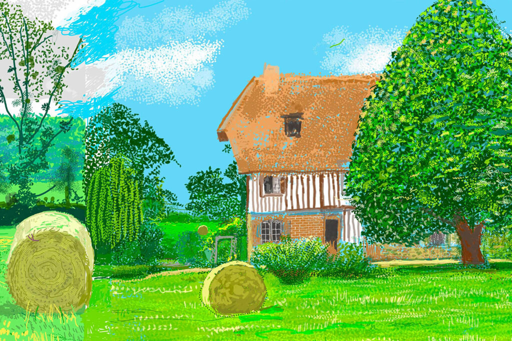 A digital artwork by David Hockney showing a house in a garden in summer time, with trees and hay bales. A Year in Normandie (detail), 2020-2021, Composite iPad painting © David Hockney