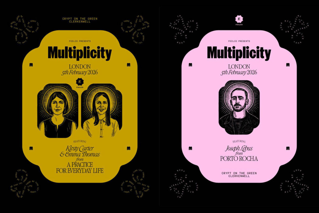 A promotional graphic for the Multiplicity show, with religious style illustrations of the event speakers, and information about the event.