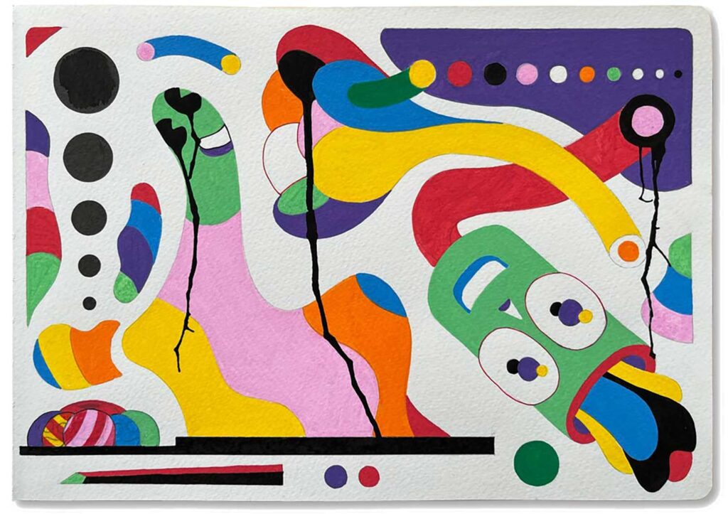 A brightly coloured illustration by Murugiah, featuring abstract shapes. A Change Will Do You Good, Acrylic, Moleskine Sketchbook