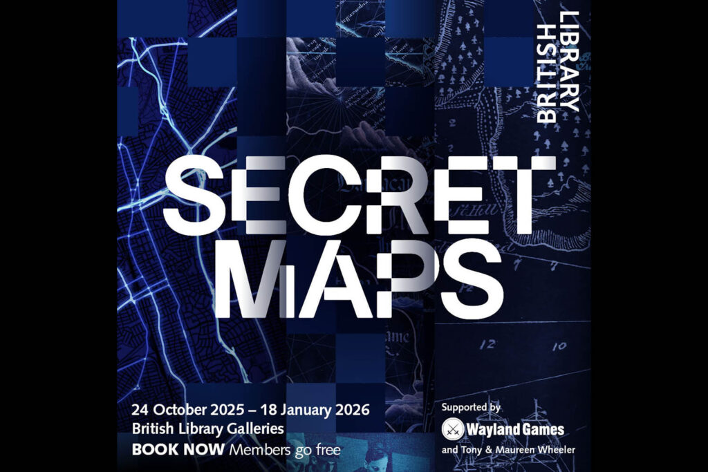 The promotional graphic for Secret Maps at the British Library, featuring the name 'Secret Maps' in white text layered over a collage of images from maps, all in blue.