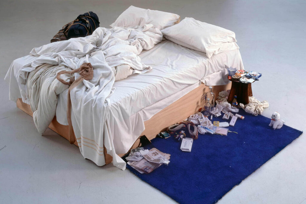 A photograph of Tracey Emin's artwork 'My Bed' 1998 © Tracey Emin. Photo credit: Courtesy The Saatchi Gallery, London / Photograph by Prudence Cuming Associates Ltd