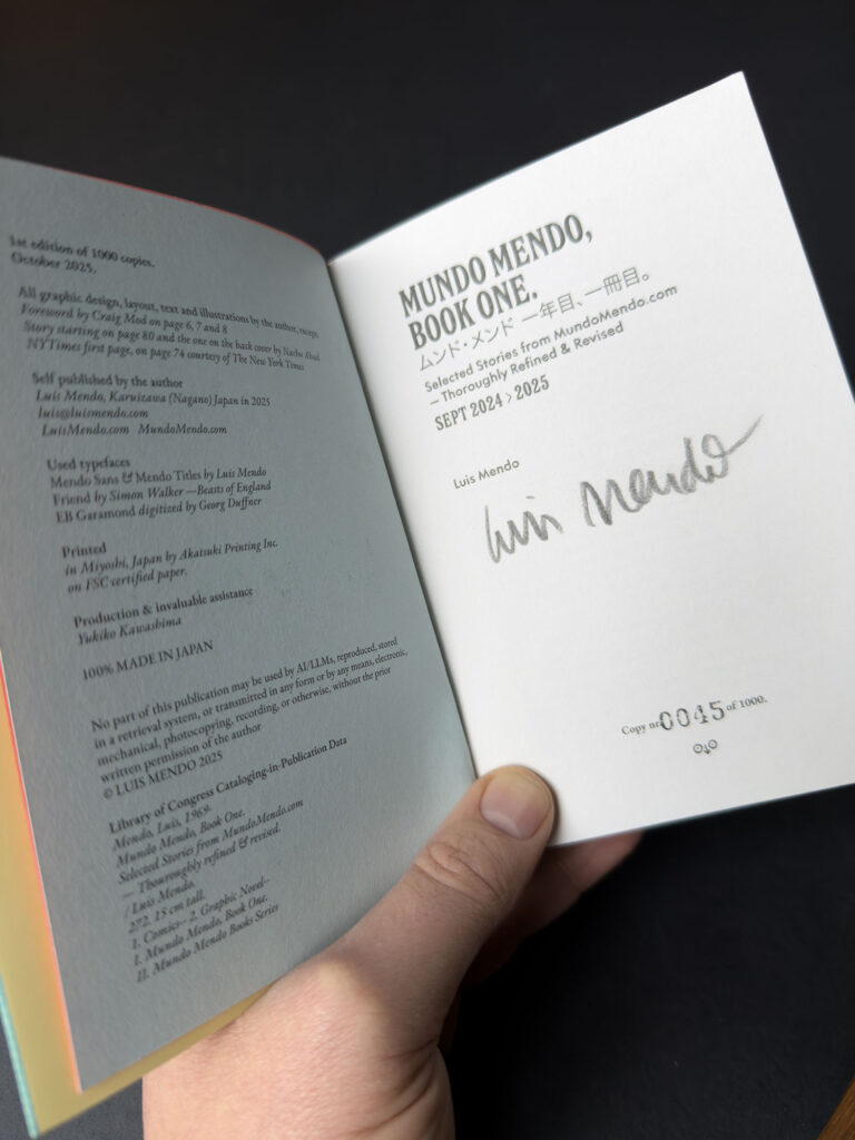 The title page of Mundo Mendo Book One, featuring Luis Mendo's pencil signature, and copy number 0045 out of 1000.