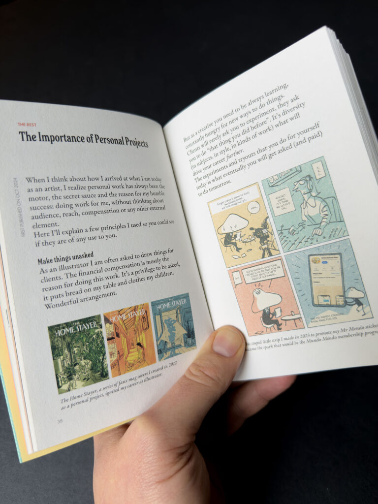A spread from the book with a piece about The Importance of Personal Projects – featuring a selection of work by Mendo.