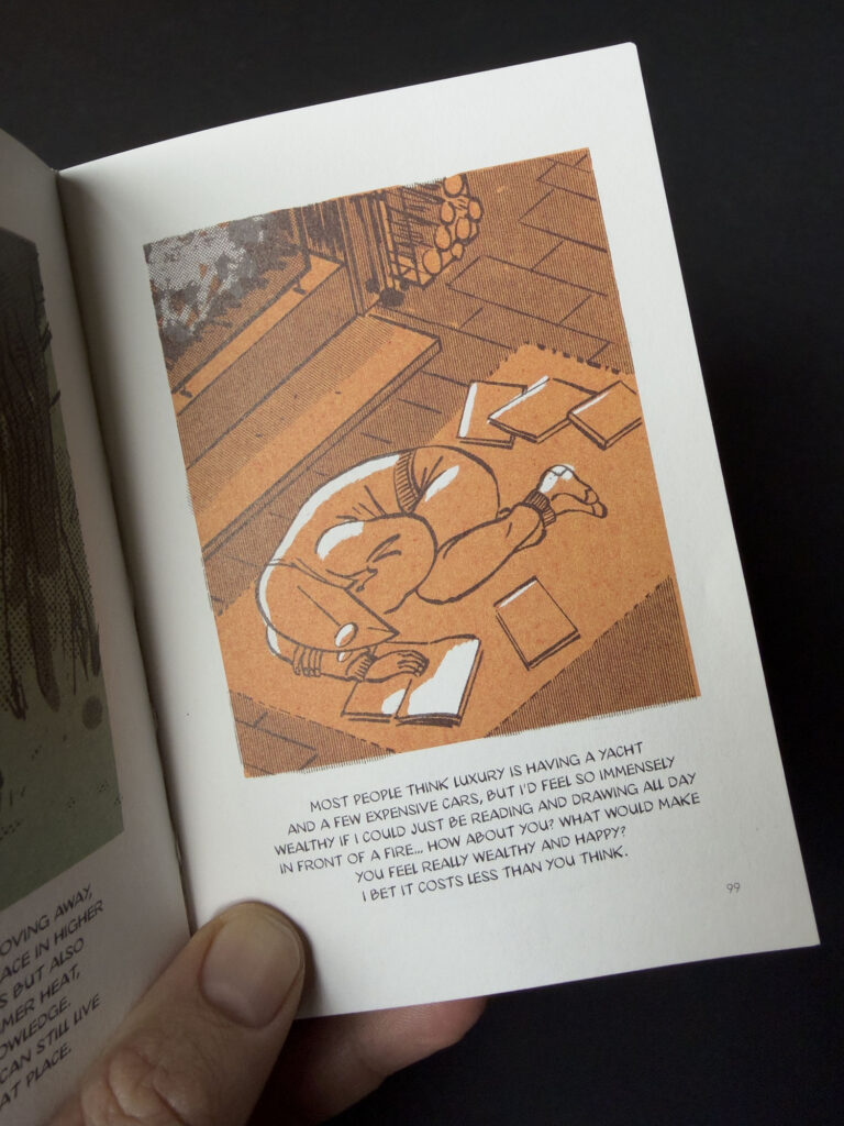An illustration of the author lying reading on a rug in front of a fire, surrounded by books. The text below the illustration reads: “Most people think luxury is having a yacht and a few expensive cars, but I'd feel so immensely wealthy if I could just be reading and drawing all day in front of a fire… How about you? What would make you feel really wealthy and happy? I bet it costs less than you think.”